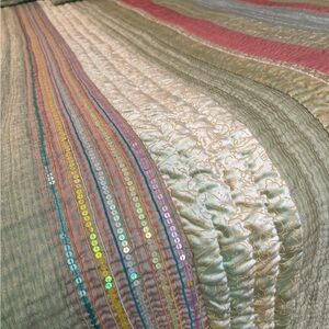 Striped Quilted Bedspread Set in Sage and Pink